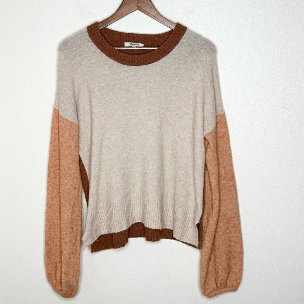 Madewell Colorblock Neutrals Wool Alpaca Blend Crew Neck Sweater with Puff Sleev